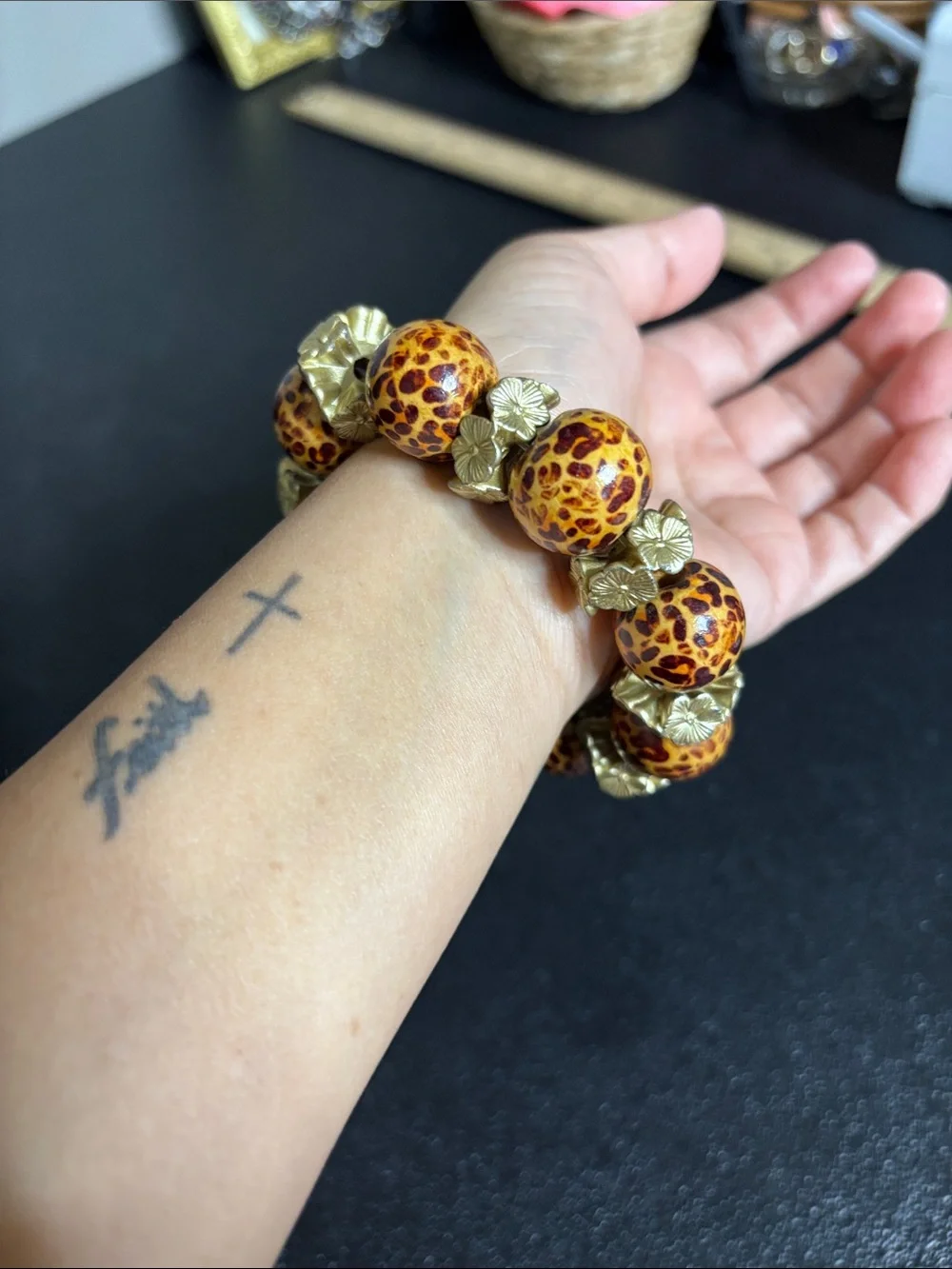 Gold Floral & Leopard Bead Stretch Statement Bracelet - Women Jewelry Boho